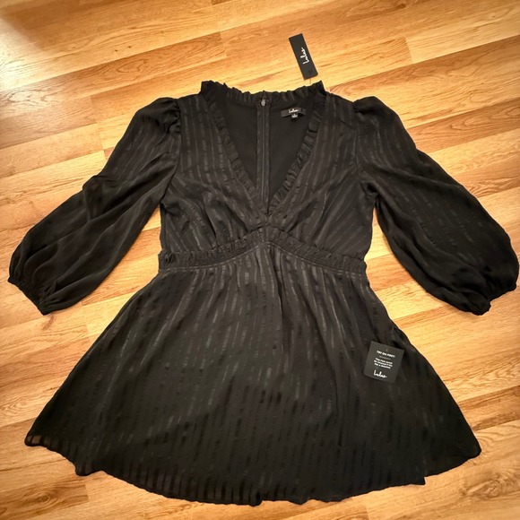 Lulus Black Mini Dress L NWT Sheer Sleeve Party Cocktail Wedding Guest Holiday - Picture 1 of 4